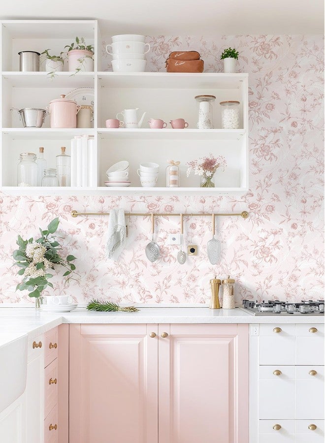 Dimoon Peel and Stick Wallpaper Pink Floral Contact Paper Pink Vintage French Renter Friendly Wallpaper 17.3''x78.7'' Textured Stick on Wall Paper for Bathroom Bedroom Cabinets Removable Vinyl Roll - Image 5